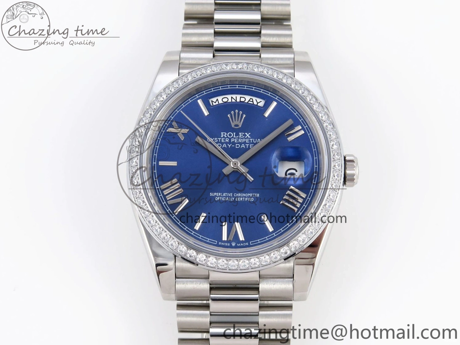 MiroTime 0426 QuickDry DayDate 40 SS GSF Gain Weight Blue Roman Dial Diamonds Bezel on President Bracelet A 1917